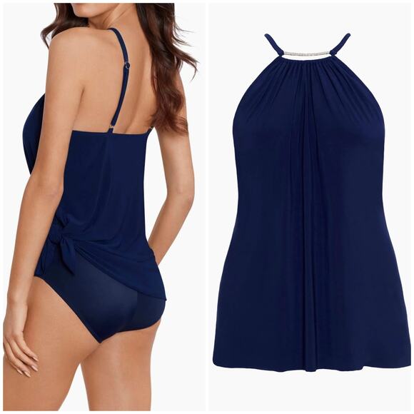 Magicsuit NWT Parker One Piece Swim Dress Navy Blue Size 16 Side Tie High Neck - Picture 2 of 12